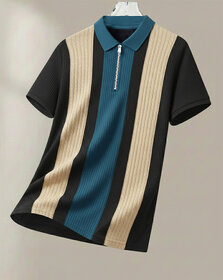 Ausk Mens Beige, Black Checkered Cotton Blend Polo T-Shirt