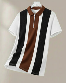 Ausk Mens White, Coffee Checkered Cotton Blend Polo T-Shirt