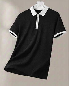 Ausk Mens Black, White Solid Cotton Blend Polo T-Shirt
