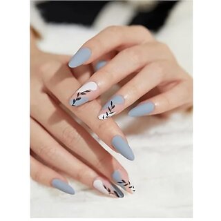 Press On Nails Long Almond Shape 24 Pcs Matte Blue and Pink Leaf Design Fake Nails with Long Lasting Korean Liquid Nail Glue and Nail File  Stick On Nails Art Kit for Women and Girls  Reusable False Nails Extension by Indie Nails