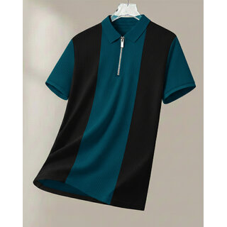 Ausk Mens Teal Blue, Black Checkered Cotton Blend Polo T-Shirt