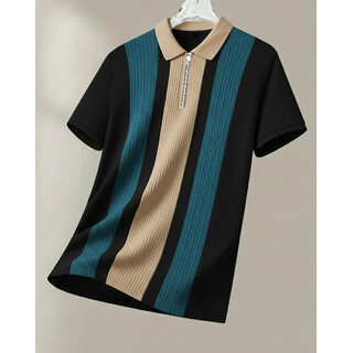 Ausk Mens Black, Teal Blue Checkered Cotton Blend Polo T-Shirt