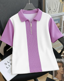 Ausk Mens Lavender, White Checkered Cotton Blend Polo T-Shirt