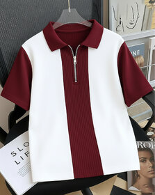 Ausk Mens Maroon, White Checkered Cotton Blend Polo T-Shirt
