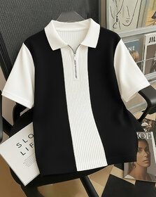 Ausk Mens Beige, Black Checkered Cotton Blend Polo T-Shirt