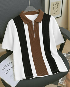 Ausk Mens White, Coffee Checkered Cotton Blend Polo T-Shirt