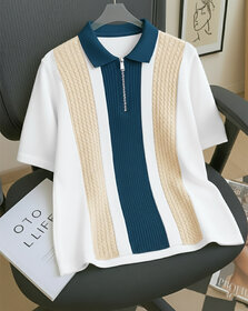 Ausk Mens Off White, Teal Blue Checkered Cotton Blend Polo T-Shirt
