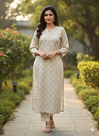 JS Tradition Women Geometric Print, Printed Straight Kurta (Beige)