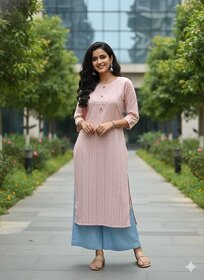 JS Tradition Women Striped, Printed Straight Kurta (Pink)