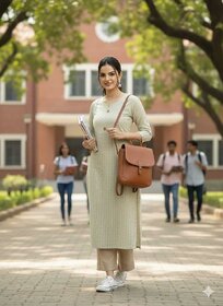 JS Tradition Women Striped, Printed Straight Kurta (Beige, Light Green)