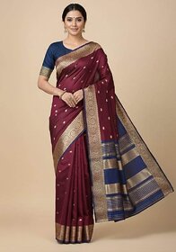 JSTradition Printed Banarasi Cotton Silk Saree with Unstitched Blouse (Maroon)