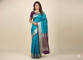 JSTradition Solid Banarasi Lace Saree with Unstitched Blouse (Blue)