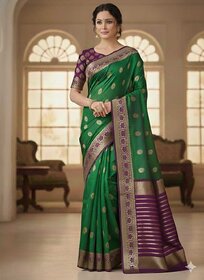 JSTradition Embroidered Bollywood Cotton Silk Saree with Unstitched Blouse (Green, Purple)