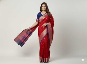 JSTradition Woven Banarasi Cotton Silk Saree with Unstitched Blouse (Red, Blue)