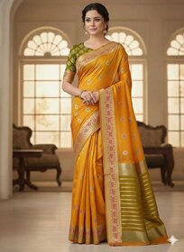 JSTradition Woven Banarasi Cotton Silk Saree with Unstitched Blouse (Pack of 3, Yellow)