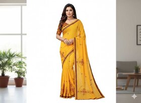 JSTradition Embroidered Phulkari Chiffon Saree with Unstitched Blouse (Yellow)