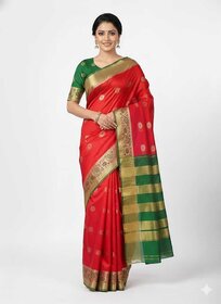 JSTradition Woven Banarasi Cotton Silk Saree with Unstitched Blouse (Red)