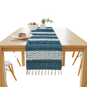Elegant Teal and White Fringed Table Runner - Decorative Home Decor
