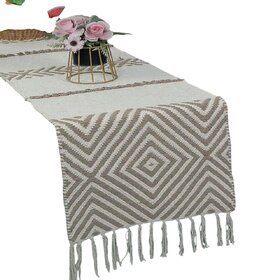 Elegant Geometric Table Runner with Decorative Fringes - Beige and Cream