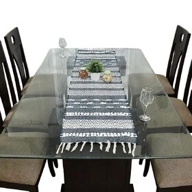 Modern Geometric Blue and White Fringed Table Runner