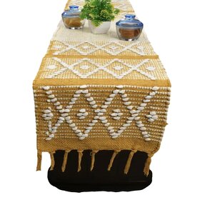 Elegant Mustard Yellow Geometric Table Runner with Fringes