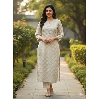 JS Tradition Women Geometric Print, Printed Straight Kurta (Beige)