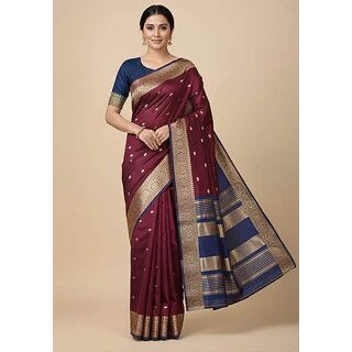 JSTradition Printed Banarasi Cotton Silk Saree with Unstitched Blouse (Maroon)