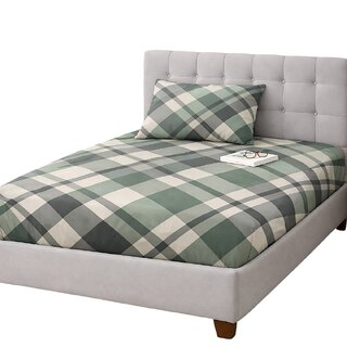 Plaid Double Bed Fitted Sheet with Matching Pillowcase - Green, Gray, and Cream