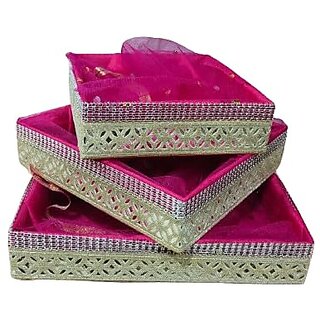 Pack of 3 Set Gift Organizer Baskets, Dry Fruit Gifting Box, Wedding Hamper Trays, Baby Shower Gift Packing, Color - RANI PINK