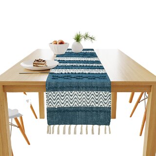Elegant Teal and White Fringed Table Runner - Decorative Home Decor