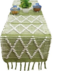 Elegant Green Geometric Table Runner with Decorative Fringes