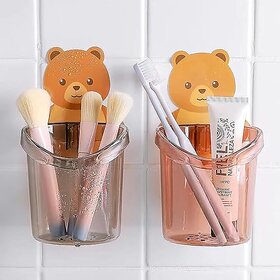 Pack of 2 Ahina Teddy Bear Wall Mounted Toothbrush Holder for Kids Cute Cartoon Bathroom Organizer with Self-Adhesive Hook, Toothpaste & Brush Stand for Home & Bathroom Decor