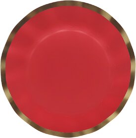 Premium 400GSM Wavy Dinner Paper Plates - Red with Gold Foil Edges
