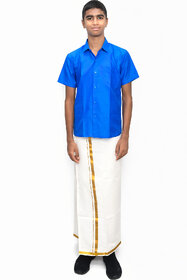 Varanakala Boys Ethnic Wear Set ( 11 to 14Y ) -Anandha Blue Short-Sleeve Shirt, White Dhoti with Golden Borders  Shawl