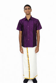 Varanakala Boys Ethnic Wear Set ( 11-14Y ) Dark Purple Short-Sleeve Shirt and White Dhoti with Golden Borders and Shawl