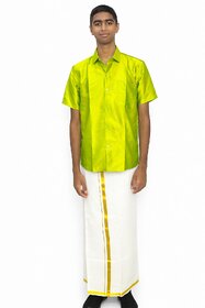 Varanakala Boys Ethnic Wear Set (11-14Y) - Lime Green Short-Sleeve Shirt and White Dhoti with Golden Borders and Shawl