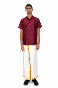 Varanakala Boys Ethnic Wear Set ( 11-14Y ) - Maroon Short-Sleeve Shirt and White Dhoti with Golden Borders and Shawl