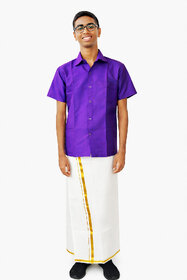Varanakala Boys Ethnic Wear Set ( 11-14Y ) - Violet  Short-Sleeve Shirt and White Dhoti with Golden Borders and Shawl