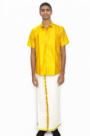 Varanakala Boys Ethnic Wear Set ( 11-14Y ) Double Shade Gold  Orange Shirt and White Dhoti with Golden Borders  Shawl