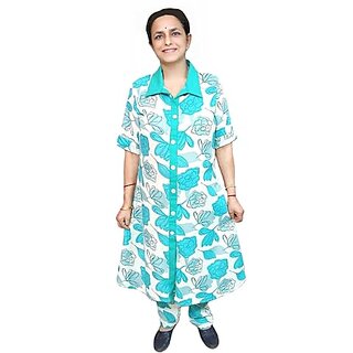 Prabha Apparels Women Printed Cotton A-line Kurta Palazzo Pant Set (White)
