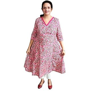 Prabha Apparels Women Printed Polyester A-line Kurta (Pink)