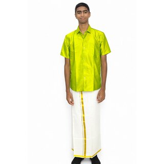 Varanakala Boys Ethnic Wear Set (11-14Y) - Lime Green Short-Sleeve Shirt and White Dhoti with Golden Borders and Shawl