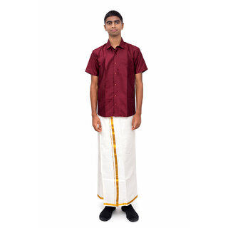 Varanakala Boys Ethnic Wear Set ( 11-14Y ) - Maroon Short-Sleeve Shirt and White Dhoti with Golden Borders and Shawl