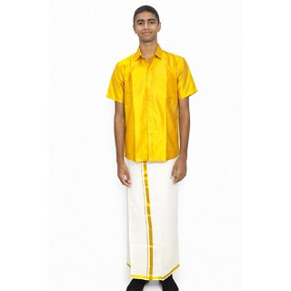Varanakala Boys Ethnic Wear Set ( 11-14Y ) Double Shade Gold  Orange Shirt and White Dhoti with Golden Borders  Shawl