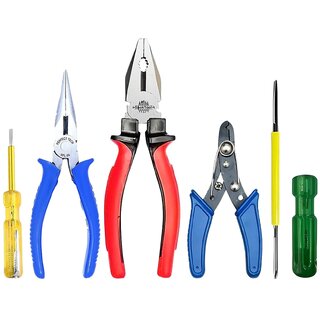 5 Pcs Home Tool Kit Set with Combination Pliers, Long Nose Pliers, Wire Cutter, Screwdrivers & Tester Multipurpose Household Repair Tool Set