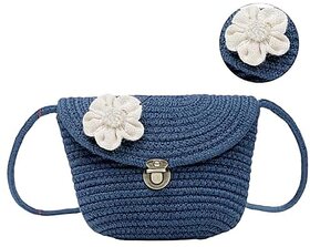 AURKA Women Handmade Crochet Sling Bag Knitted Crossbody Shoulder Purse With Floral Applique Small Lightweight Mini Handbag With Magnetic Lock for Daily and Casual Use (Blue)