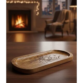 Wooden Jewelry Tray, Oval Shape, L x B x H = 10 x 5 x 0.5 Inch Floral Design, Natural Wood Finish, Organizer for Rings, Necklaces, Earrings And Snacks Serving (Lotus 1)
