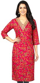 Bedkarn Discharge Print Women's Traditional Kurti, Gold Cotton Floral Print, V-Neck with Embellished Neckline, 3/4 Sleeve Indian Ethnic Dress