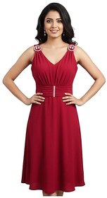 Women's A-Line Midi Dress, Forest Green and Red, Cotton Blend, Sleeveless V-Neck, Rhinestone Details, with Waist Cinched Style