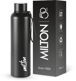 MILTON Aura 1000 Thermosteel Water Bottle, ISI Certified, 24 Hr Hot and Cold 1 L Steel Flask (Pack of 1, Black)